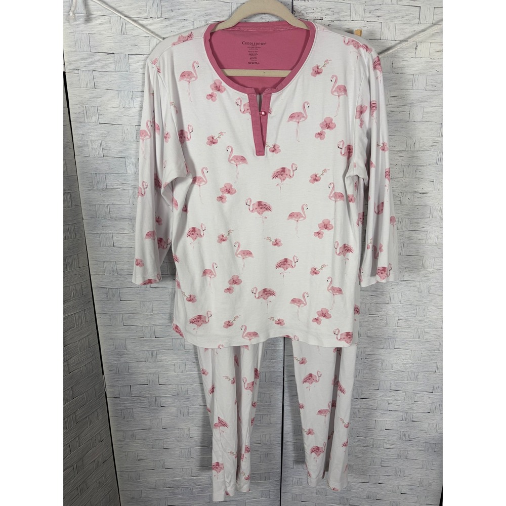 Cuddledown Womens pajama set Pima cottonPink Flamingo Henley Top Pants Cozycore